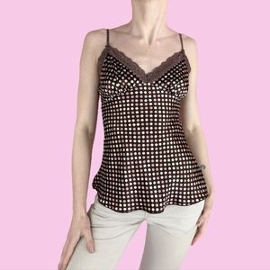 Vintage Cami Chemise Brown polka dot lace silky polyester spaghetti strap Med